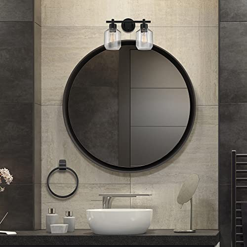 Image of Globe Electric 3-Piece Powder Room Set, Matte Black, 2-Light Vanity with Clear Glass Shades and Matching Hardware, 51850