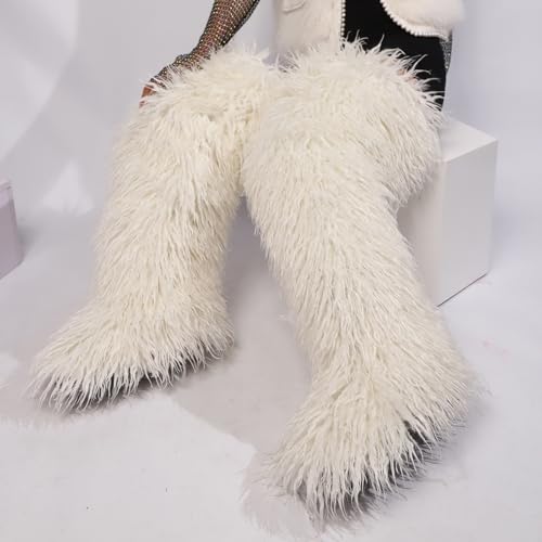 Image of Black Thigh High Fur Boots, Over the Knee Fluffy High Boots, Tall Furry shoes for Women