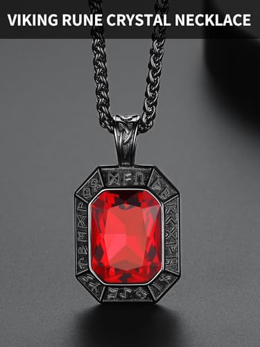 ChainsHouse Viking Rune Pendant Necklace for Men Women, Punk Biker Black Metal/316L Stainless Steel Onyx Norse Vintage Amulet Necklaces with Black/Red/Green/Blue Gemstone, Send Gift Box4