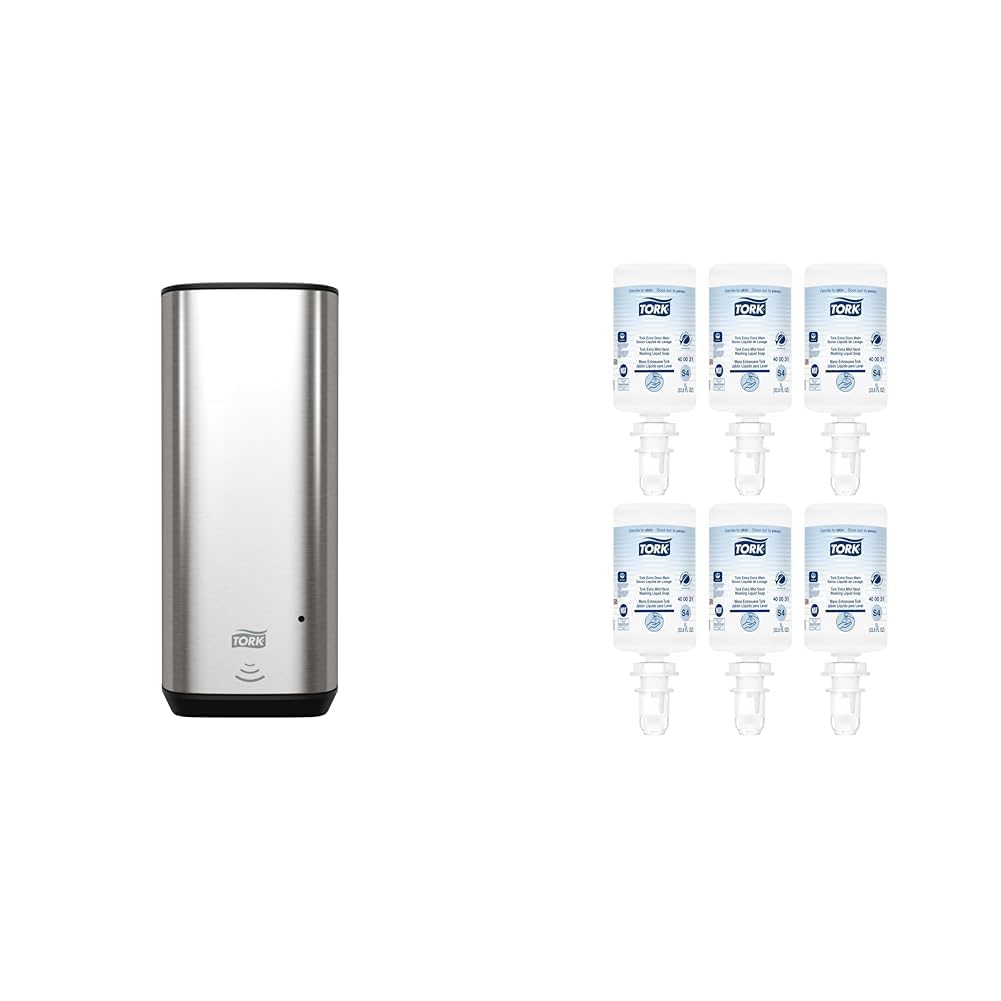 Tork Intuition Sensor Skincare Dispenser Stainless Steel S4, for Hand Soap and Hand Sanitizer, Image Range + Tork Extra Mild Hand Washing Liquid Soap S4, No Fragrance Added, 6 x 1L
