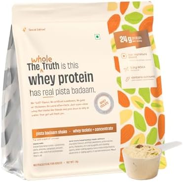 The Whole Truth Whey Protein Isolate+Concentrate | Pista Badaam Shake 1 kg (2.2 lbs) | 24g Protein per scoop | 5.9g BCAA | 100% Authentic Whey | Real Pista Badaam Flakes | No Artificial Flavours