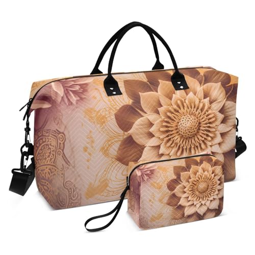 Large Travel Duffel Bag, Mandala Boho Orange Sports Tote Gym Bag, Shoulder Weekender Overnight Bag for Women Men, Carry On Luggage with Toiletry Bags