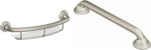 Moen R2356DBN Barra de seguridad de 16 pulgadas con estante, níquel cepillado y barra de agarre de acero inoxidable de 24 pulgadas con tornillos