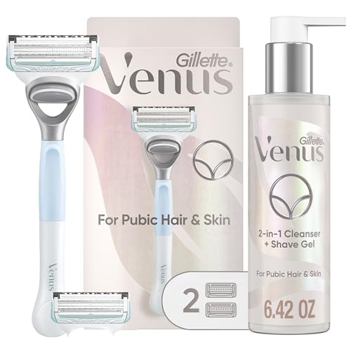 Gillette Venus for Pubic Hair and Skin Shaving Set, Women’s Razor, 1 Handle + 2 Blade Refills + 2-in-1 Cleanser