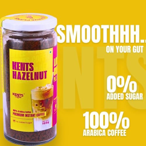 Image of Kents Coffee Roasted Hazelnut Instant Coffee | 100% Arabica with Natural Hazelnut Flavour | No Added Sugar | LOW ACIDIC | Not too Sweet | Perfect for Iced Coffee & Hot Latte | Serves 90 Cups (100g)
