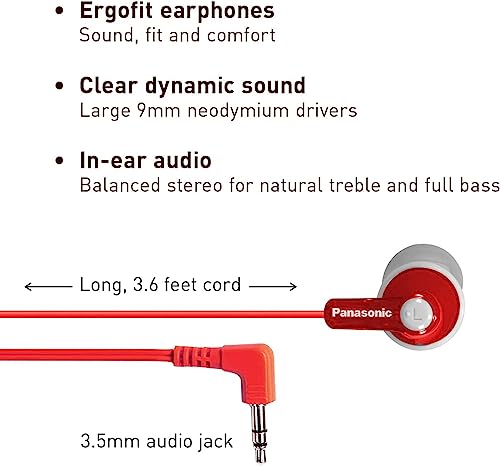 Image of Panasonic ErgoFit In-Ear Earbud Headphones RP-HJE120-R (Red) Dynamic Crystal Clear Sound, Ergonomic Comfort-Fit