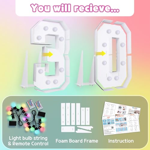 Image of Imprsv Colorful 3FT Marquee Numbers Light up Numbers 30 Birthday Decoration | RGB with Remote, Party Decorations Anniversary Wedding Decorations Assembly Required Foam Board 41 Pcs Accessory Set