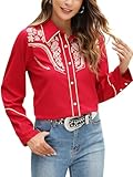 Western Shirts for Women Embroidered Long Sleeve Floral Button Up Rodeo Cowgirl Show Wear Ladies Clothes Dressy Sexy Blouse Cowboy Shirt Outfits Style Camisas Vaqueras para Mujer Red