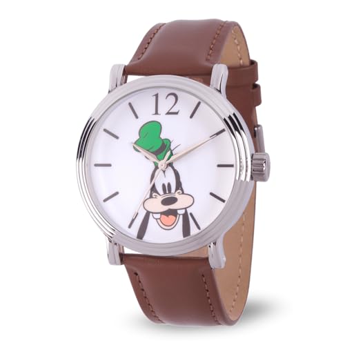 Disney Goofy Face Watch Men, Fun & Stylish Watches for Men, Vintage-Inspired Goofy Design, Fans - Classic Men's Goofy Watch with Brown Leather Strap, White Dial & Metal Case