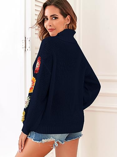Image of ZAFUL Flower Crochet Turtleneck Sweater for Women Pullover Puff Long Sleeve Boho Knit Sweaters Trendy Knitwear Tops
