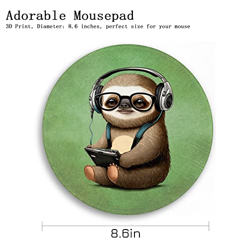 Image of Green Round Mouse Pad Mouse Mat, Cute Sloth Mouse Pad for Desk, Mouse Pads for Wireless Mouse Funny Mousepad with Stitched Edge Non-Slip Rubber Base 8.6 x 8.6 Inch Office Decor Cute Desk Accessories