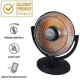Soleus Air Reflective Heater highlighting allergy-friendly, manual controls, silent heat, and safety tip-over shutoff features
