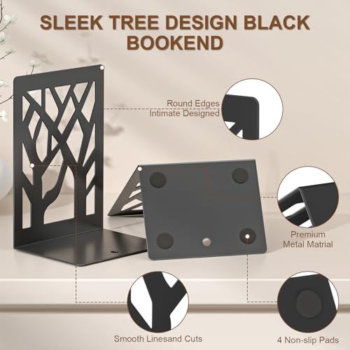 VFINE 4-Piece Modern Metal Bookends for Shelves, Black Tree Book Ends for Books, Decorative Book Organizer for Desk, Non-Skid Shelve Bookends for Home Office - Thumbnail 4