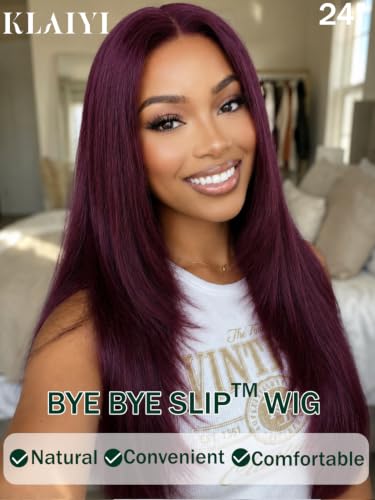 Image of KLAIYI Black Cherry Layered Straight 7x5 Pre Cut Lace Front Wigs Human Hair Bye Bye Knots Glueless Ready to Wear Go Wig Pre Plucked Pre Bleached Dark Burgundy Wine Red Beginner Wig 180% Density 22Inch