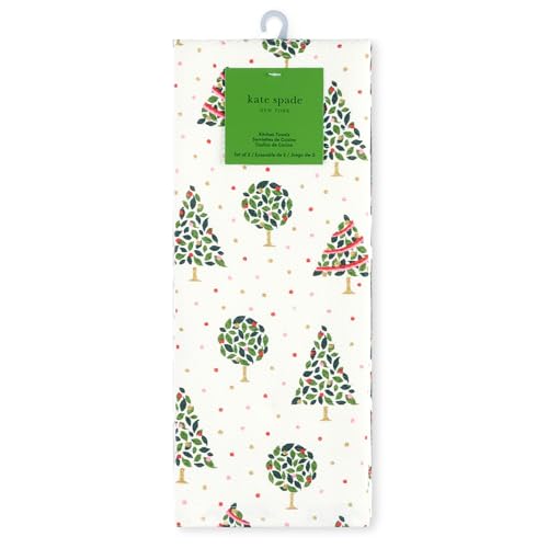 Image of kate spade new york Holiday Confetti & Acrobat Plaid Holiday Kitchen Towels 2-Pack Set, 100% Cotton with Metallic Print, Lint-Free & Absorbant, Cream /Green, 17 inchx28 inch