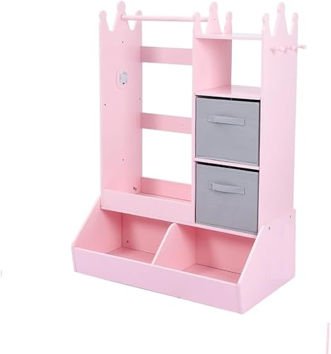 Armario para niños con espejo y luz, armario con armario abierto para colgar, 3 rejillas de almacenamiento abiertas, 2 contenedores de