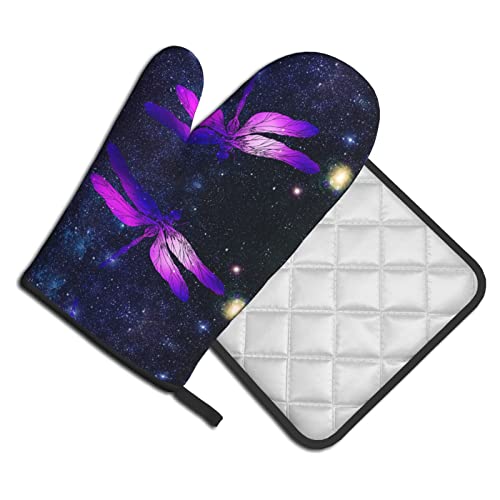 Oven Mitts And Pot Holders Sets,Galaxy Dragonfly Resistant Hot Pads With Polyester Oven Gloves For Kitchen,Cooking,Baking,Grilling #TOP18
