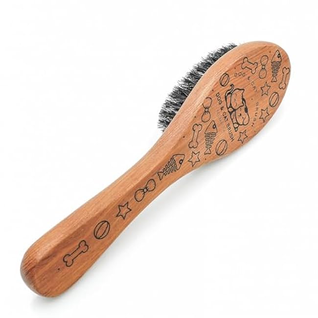 Pet Soft Brush with Wood Handle and Boar Bristle Hair - Soft Cat and Dog Grooming Brush for Short Hair Cats and Small Dogs - Gentle Massage and Dandruff Removal (Cat)-0XMU568U