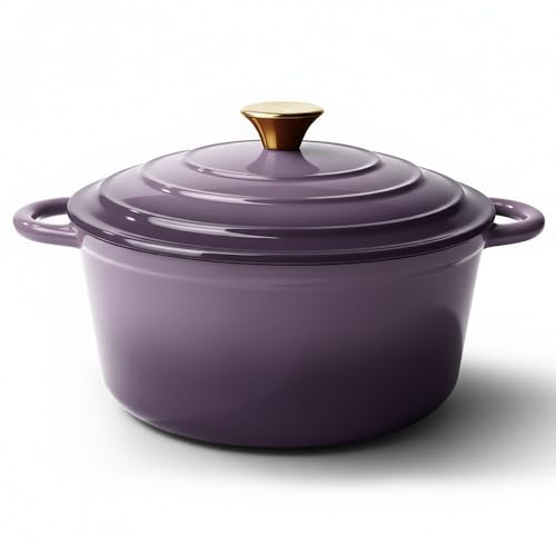 Vintage Style 6 Quart Dutch Oven Pot with Lid Non Stick Enameled Cast Iron Dutch Oven for Bread Baking Heavy-Duty Oven Safe Ceramic Cookware Up to 500F for Baking Braising Stews Roasting Purple
