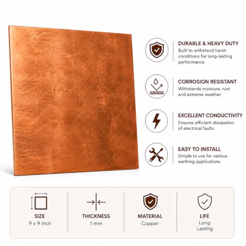 Image of Copper Plate 9x9 Inch Pure Cu Metal Sheet Foil for Earthing 3kW Home Electrical Grounding Plate Heavy Duty Copper Earthing Sheet for Electrical Safety Lightning Protection DIY Industrial Use