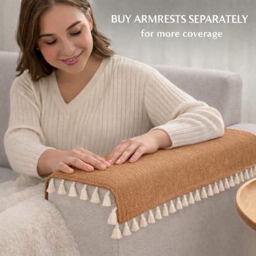 Image of STITCHNEST Beige Chenille Sofa Cover 70x60 Inch - Soft, Durable & Textured Fabric with Tassels | Full Coverage Sofa for Living Room, Bedroom, or Drawing Room7
