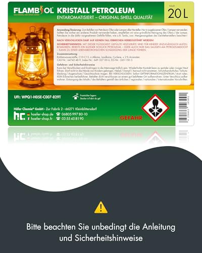 Höfer Chemie FLAMBIOL Gereinigtes Petroleum 1 L Heizöl - Entaromatisierte Qualität - Für Campingheizung, Petroleumlampe & Grillanzünder - Rußfreie Verbrennung