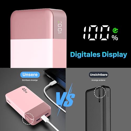 NOBIS Power Bank, Powerbank 20000mAh, 45W Externe Handyakkus Schnellladen, Externer Akku mit C zu C Kabel, Tragbares Ladegerät mit Digitalanzeige für Phone Android Laptop etc (Rosa) 6