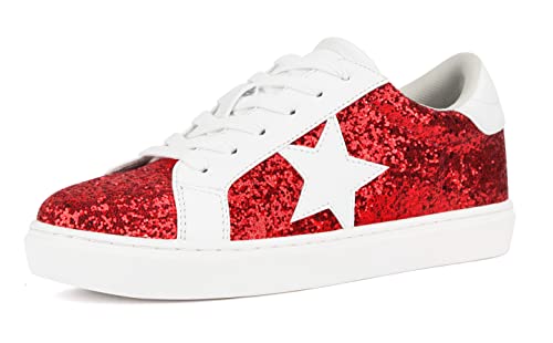 Image of PARTY Women's Fashion Sneaker Lace Up Low Top Comfortable Cushioned Walking Shoes,Podcast,RED Glitter,10