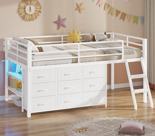 BTHFST Twin Loft Bed for Kids, Low Loft Bed Twin Size with 9 Storage Dresser, LED Lights, 2 Storage Shelves & Stairs, Metal White Bed with Safety Guardrail for Young Teens, Space Saving, White