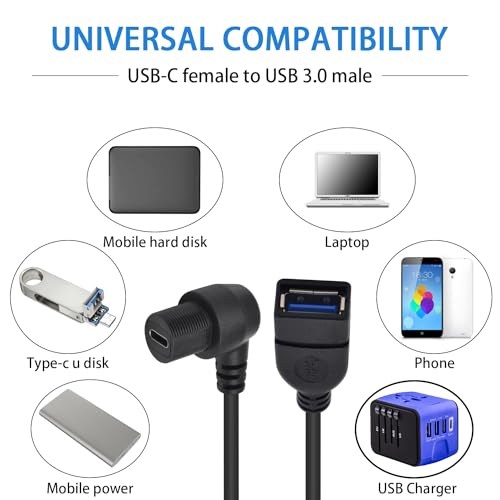 Duttek USB C Right Angle Female to USB 3.0 Female Car Flush Mount Cable, 90 degree USB A to USB C Mount Flush Cable - Image 4