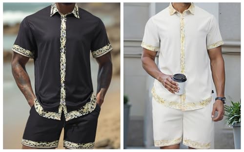 Men's 2-Piece Satin Short Set, Hawaiian Style Shirt and Shorts with Gold Trim, Black2