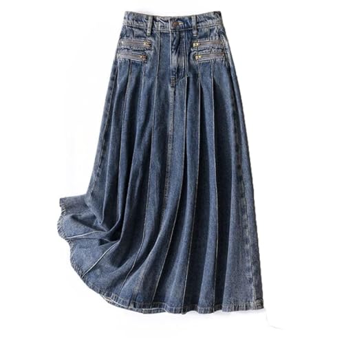 Women's Vintage Pleated Skirt Mid Length Zipper Denim High Waisted Long Casual Skirts4