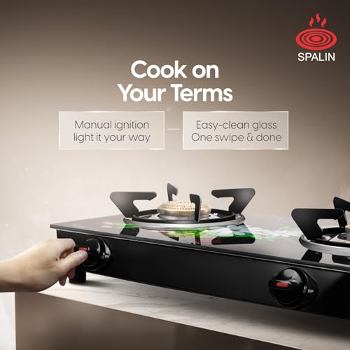 Image of 2 Burner Glass Top Gas Stove | Manual Ignition | Floral Crystal Toughened Glass Design | ISI Certified | High Efficiency Burners | Easy Clean Countertop Gas Stove for Kitchen