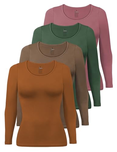 ALPIDEX Damen Langarmshirt 4er Set Basic Oberteil Einfarbig Frauen Stretch Shirt Unterhemd Untershirt Longsleeve Baumwolle Rundhals, Größe:L, Farbe:Earth
