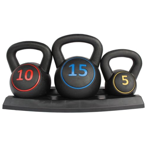 Set di 3 kettlebell da 2,27 kg, 4,54 kg, 6,8 kg, impugnatura in vinile antiscivolo e fondo gommato, non danneggia il pavimento e silenzioso, per palestra a casa e allenamento della forza, nero