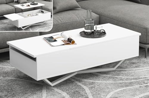 Bennbari ローテーブル 昇降式テーブル 一人暮らし 木製 リビングテーブル センターテーブル 簡単開閉 天板昇降式 ちゃぶ台 おしゃれ カフェテーブル コーヒーテーブル 収納付き 高さ調整 大容量 机 簡単開閉 昇降テーブル 収納機能 (ホワイト)