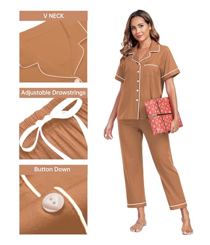 Image of CF Womens 100% Cotton Pajamas Set Button Down Pjs Sets Short Sleeve Top & Long Pants Sleepwear Comfy Loungewear with Pockets
