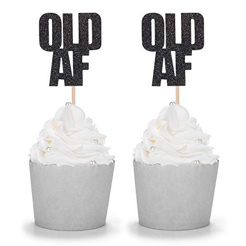 24 Counts Black Glitter Old Af Cupcake Toppers For Birthday Party Supplies Decorations #TOP9
