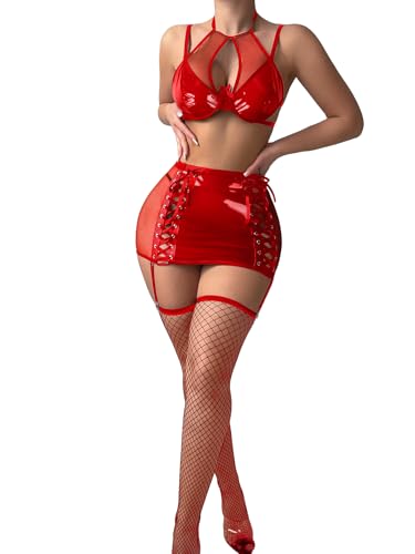 Image of Foxiny Sexy Cutout Halter Underwire Leather Mesh Sheer Mini Skirt Stocking Lingerie Set 4 Piece Outfits