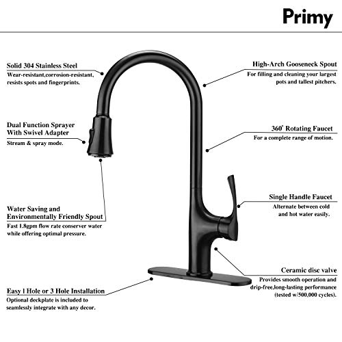 Primy Kitchen Faucets with Pull Down Sprayer, Modern Heavy Duty Lead-Free Single Handle High-Arc Kitchen Sink Faucet with Deck Plate, PVD Vibrant Matte Black Finished, Height 19-13/32“, 2115 - Thumbnail 3