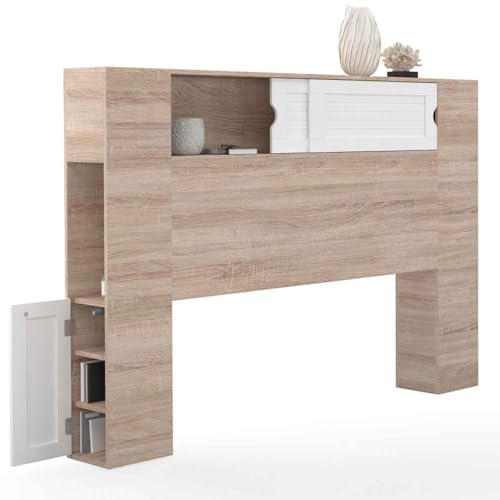 IDMarket - Tête de lit sur Pied Salem 145 cm avec rangements fermés et niches Bois et Blanc