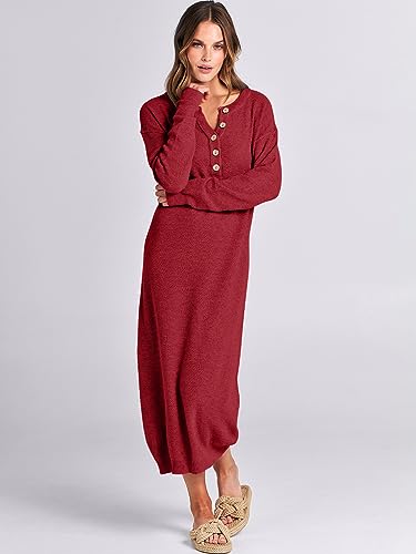 Image of ANRABESS Women Long Sleeve Button V Neck Oversized Casual Loose Fit Waffle Knit Fall Midi Sweater Dress 2026 Trendy Outfits