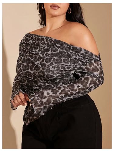 WDIRARA Women's Plus Size Leopard Print T Shirt One Shoulder Long Bell Sleeve Asymmetrical Hem Tops3