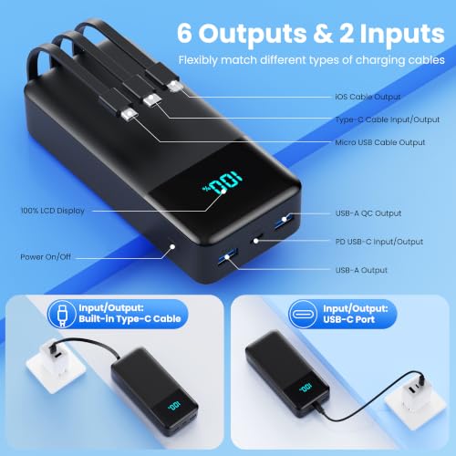 Image of Portable Charger 70800mAh Power Bank with 3 Built-in Cable,25W PD USB C Power Bank Fast Phone Charging,QC4.0 Travel Outdoor Essential Portable Phone Battery Pack for iPhone 17 /16 /15 /14,Galaxy Android