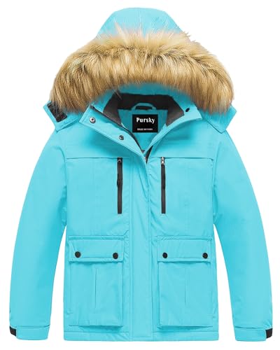 Pursky Girls Winter Coats Waterproof Fur Hooded Snow Ski Fleece Jacket Blue 6/7