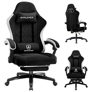 GTPLAYER Gaming Stuhl Ergonomischer Gaming Sessel Schreibtischstuhl mit Stoffoberfläche, Federsitzkissen, Verbindungsarmlehnen und Fußstütze dunkelschwarz