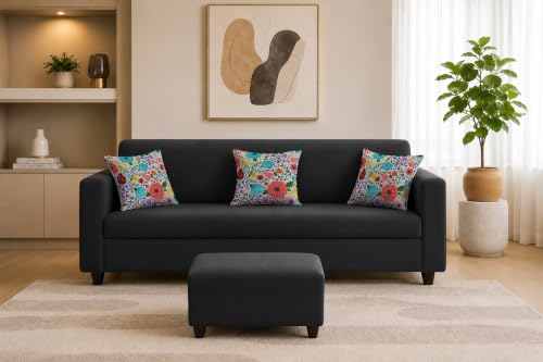 Image of Rosebell 3 Seater Sofa with Ottoman | Living Room Couch | with Printed Cushions | Sofa for Home, Apartment & Office-Black Color