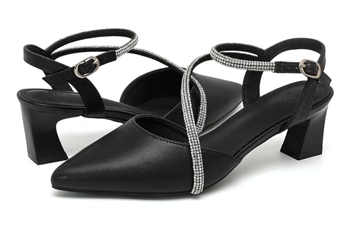 kkdom Women's Sparkle Rhinestone Slingback Low Kitten Heels Closed Pointed Toe Ankle Strap Dress Pump Shoes