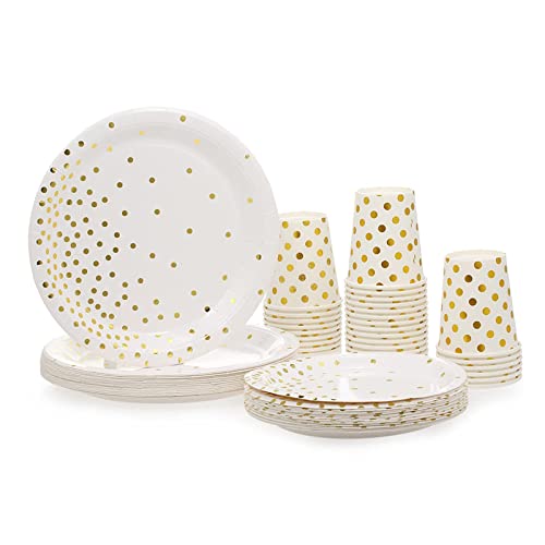 Aoresac Assiette Jetable Doré 30 Invités Kit, 30 Gobelets en Papier 9oz, 30 Assiettes à Dessert 7po, 30 Assiettes à Dîner 9po, 90 Pièces Vaisselle Jetable pour Anniversaire Fêtes Party Mariages