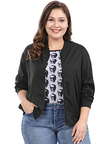 uxcell Women's Plus Size Contrast Trim Zip Pocket Lightweight Bomber Jacket Black 3X
